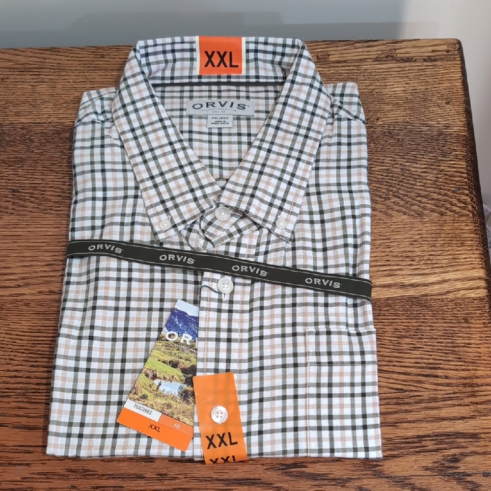 Orvis Men's White and Green Checkered Shirt - XXL